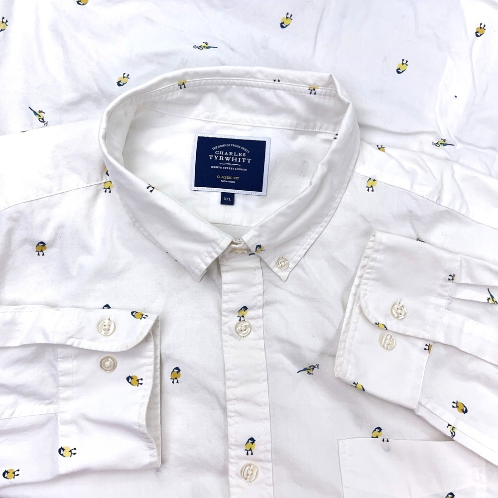 Charles Tyrwhitt Shirt Men XXL 2XL White Button Up Dress Poplin Classic Fit Bird